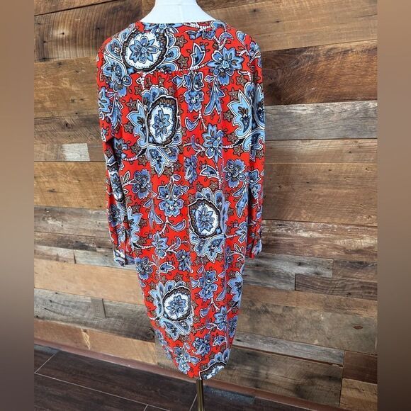 Loft-Anne Taylor Red Blue Brown Floral Long Sleeve Smock Tunic-Henley style sz L - Picture 4 of 16